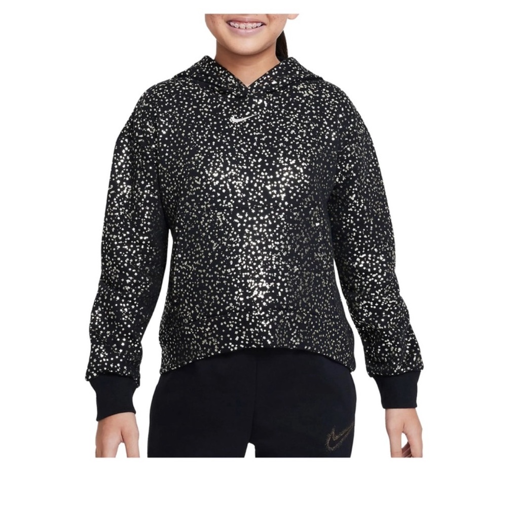 Nike hoodie sportswear fleece Black Metallic Gold Patterned Hoodie Girl’s large - Picture 2 of 4